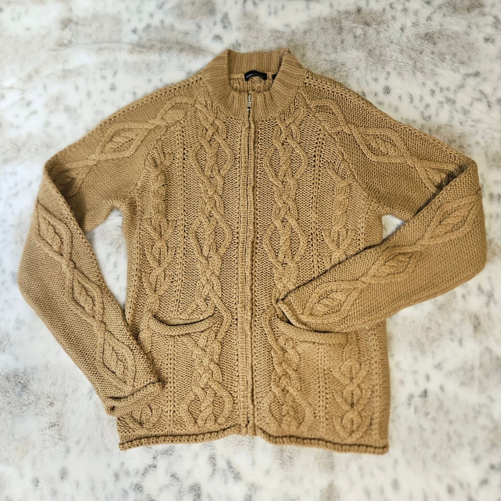 Grandpa Core Tan Cable Knit Wool Blend Zip Up Cardigan Sweater Medium Boho Cabin